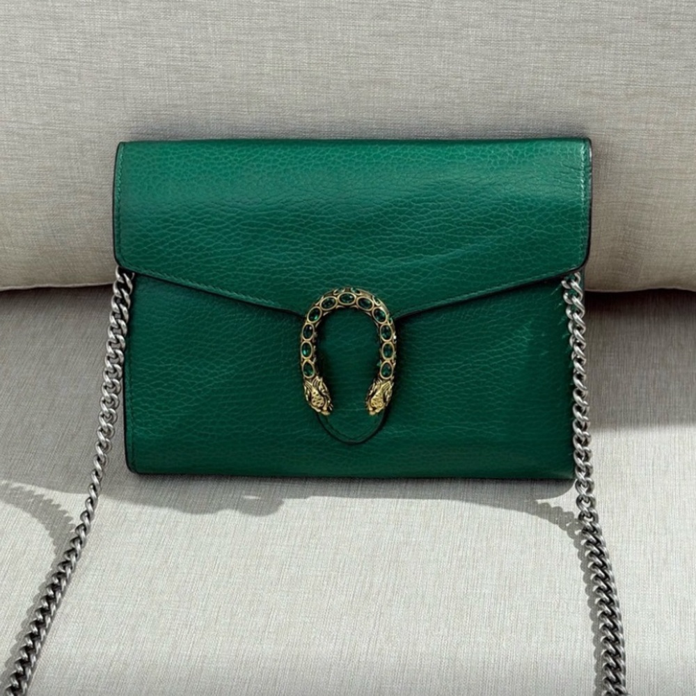 Gucci Green Leather Bag with Silver Chain